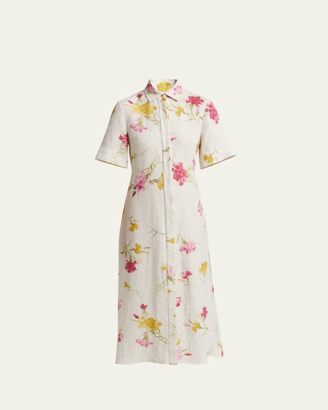 Floral Short Sleeve Midi Linen Shirtdress